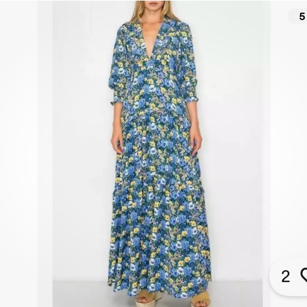 Code‎ X Mode Blue Yellow Floral Tiered Maxi Dress V Neck Sz MD Lined 3/4 Sleeve